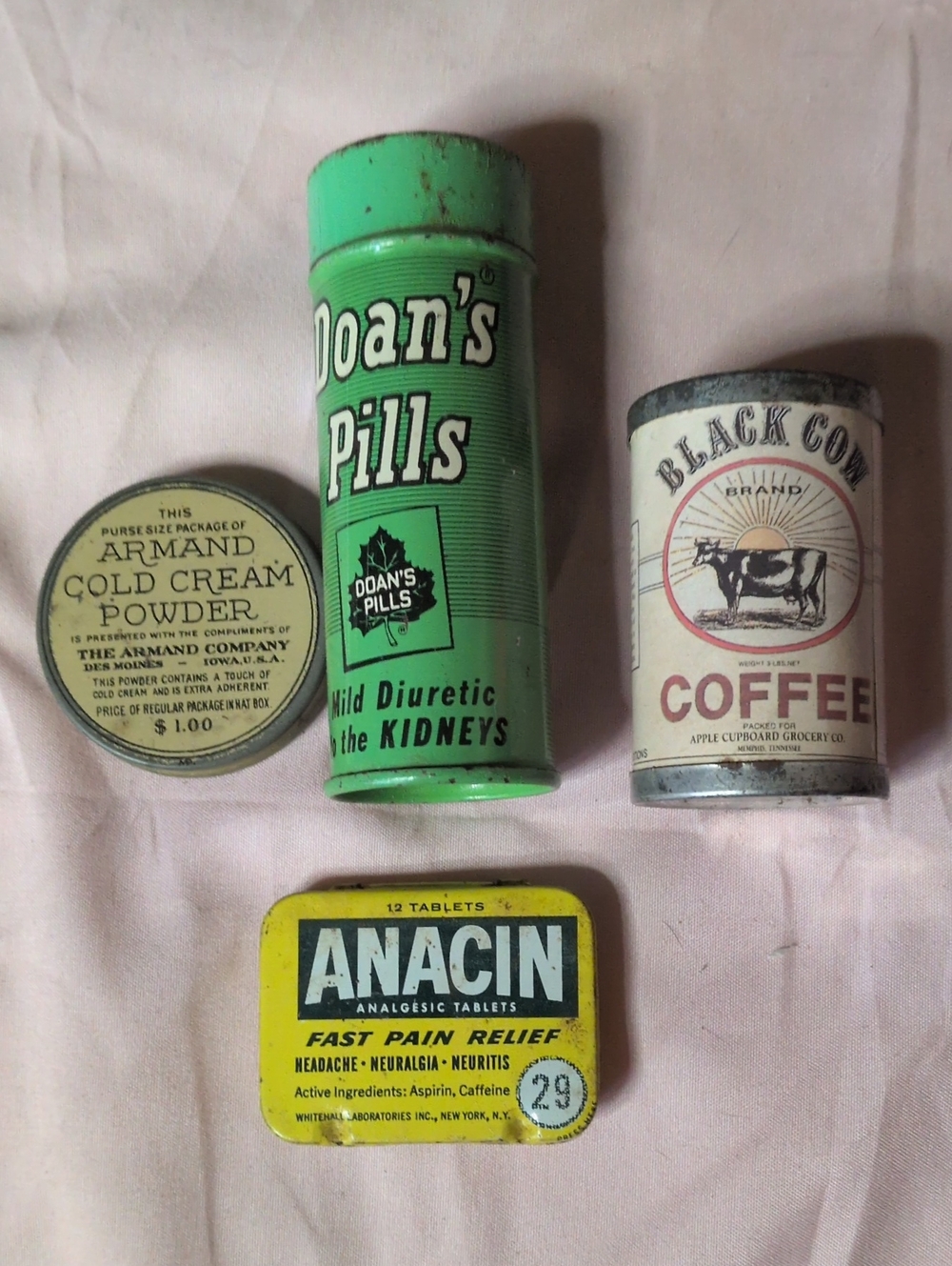 Armand Cold Cream, Anacin,Doan's And Black Cow Coffee Vintage Tins
